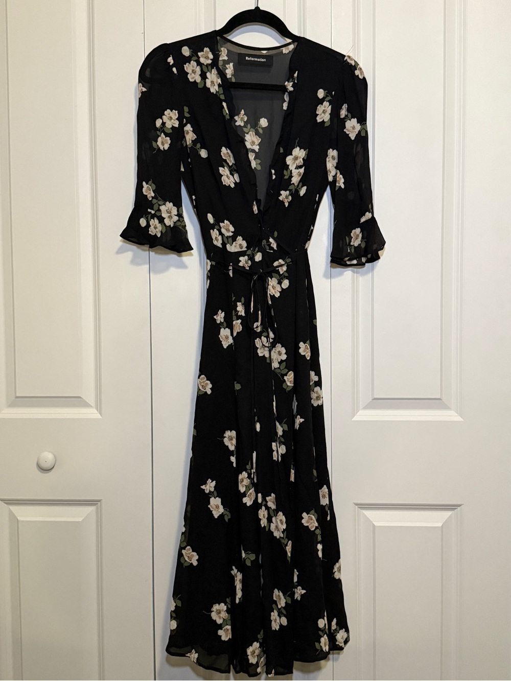 Reformation Black Floral Maxi Wrap Dress